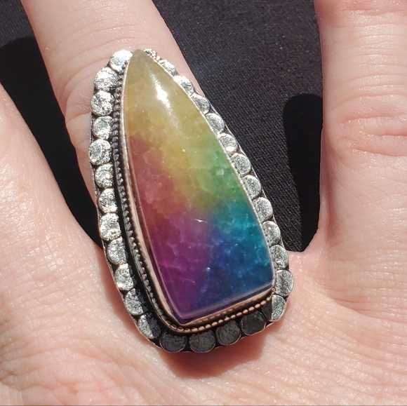 New Oversized Rainbow Solar Agate Quartz 925 Silver Statement Ring. - Picture 16 of 16